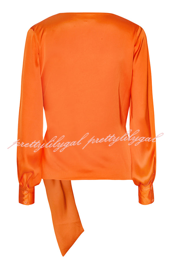 Satin Solid Color V-neck Tie Up Long Sleeve Loose Shirt