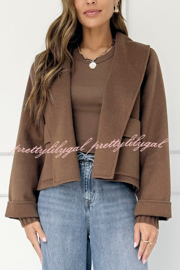 Comfortable Season Shawl Collar Open-front Long Sleeve Flap Pockets Crop Coat