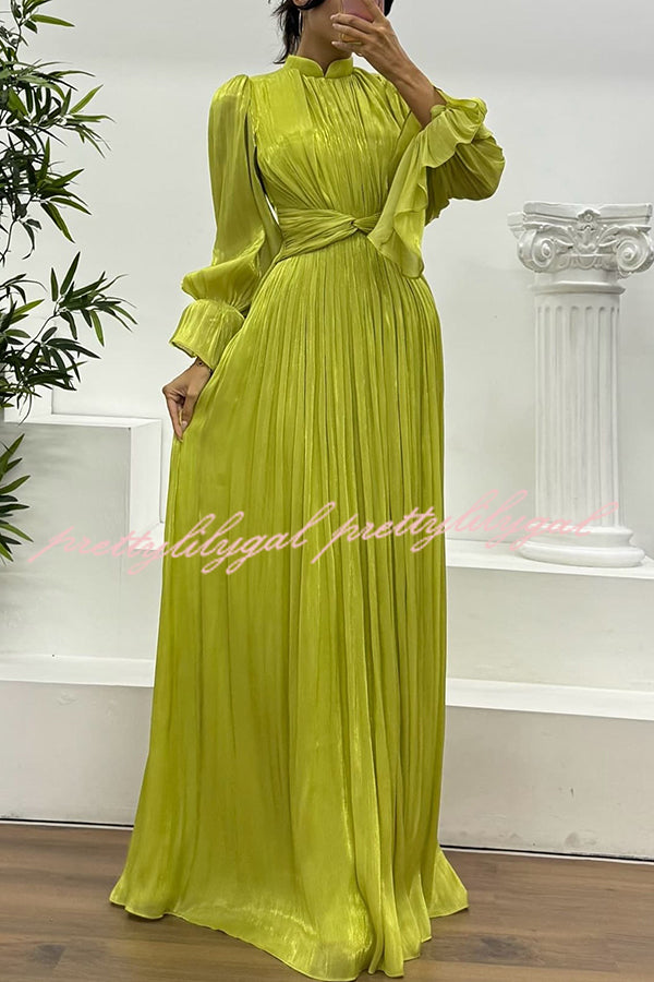 Ellah Shiny Fabric Chinese Stand Collar Twist Waist Balloon Sleeve Maxi Dress