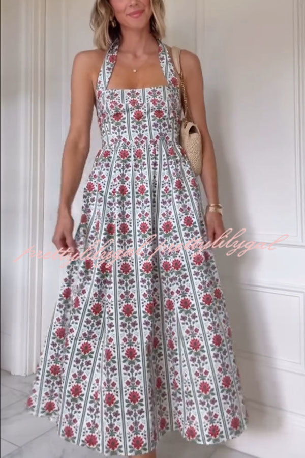 Summer Event Linen Blend Floral Pocketed Halter Maxi Dress
