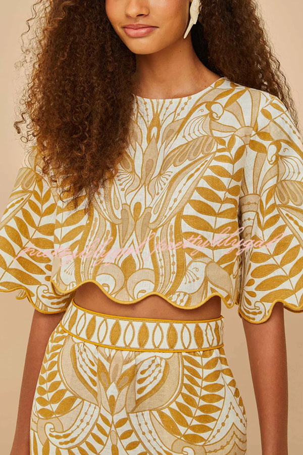 Korra Linen Blend Unique Print Wave Trim Bell Sleeve Top and Elastic Waist Pocket Midi Skirt Set