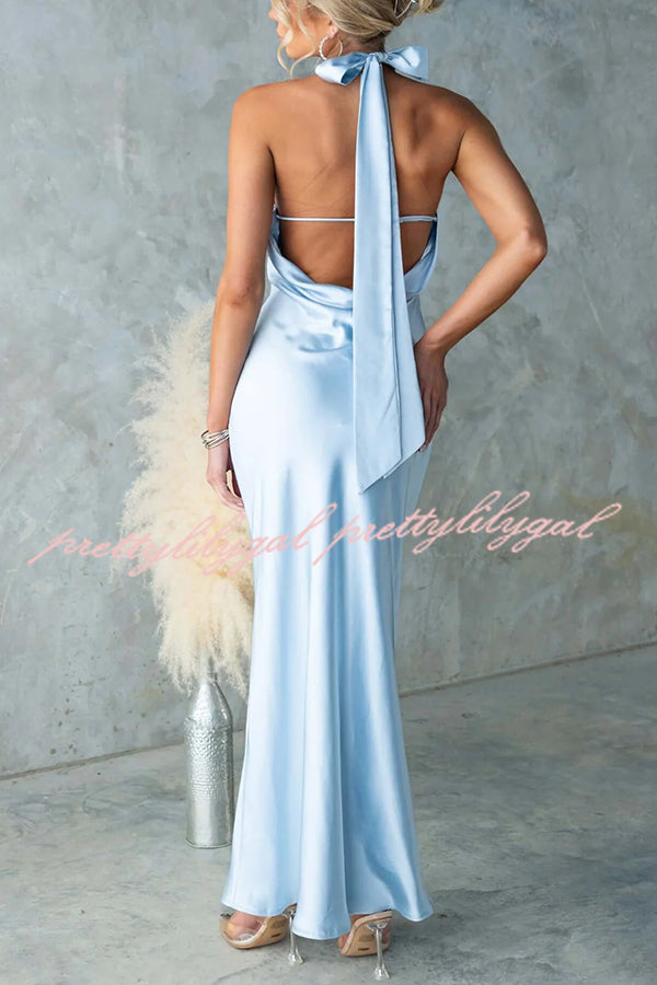 Satin Fashion Halter Backless Slim Elegant Maxi Dress