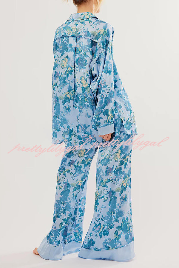 Unique Printed Lounge Long-sleeved Shirt and Elastic Waisted Baggy Pants Set