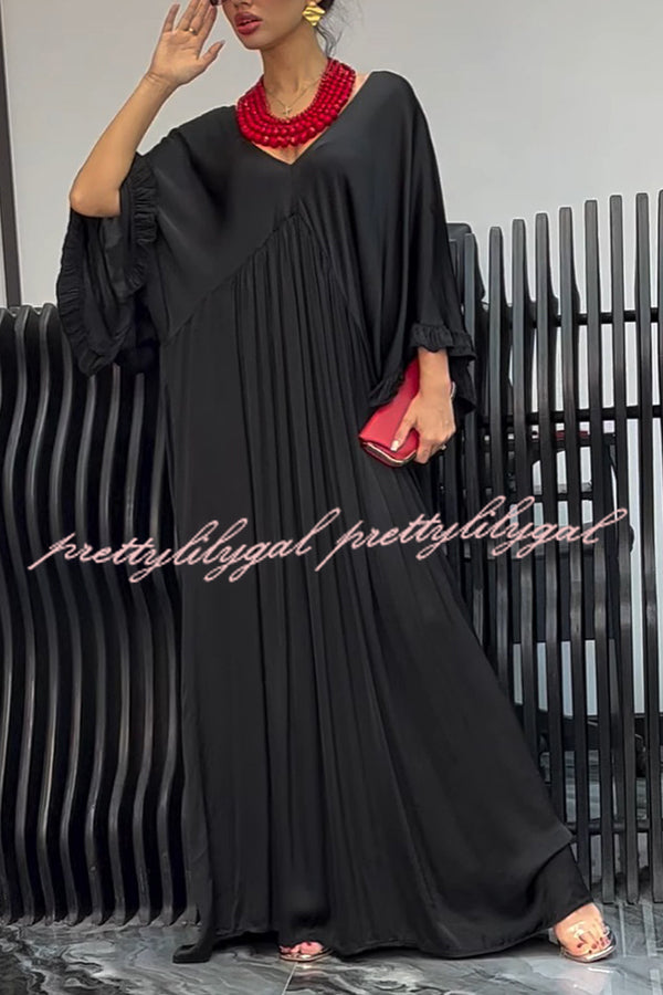 Satin Solid Color V-neck Lotus Leaf Sleeve Loose Pleated Maxi Dress