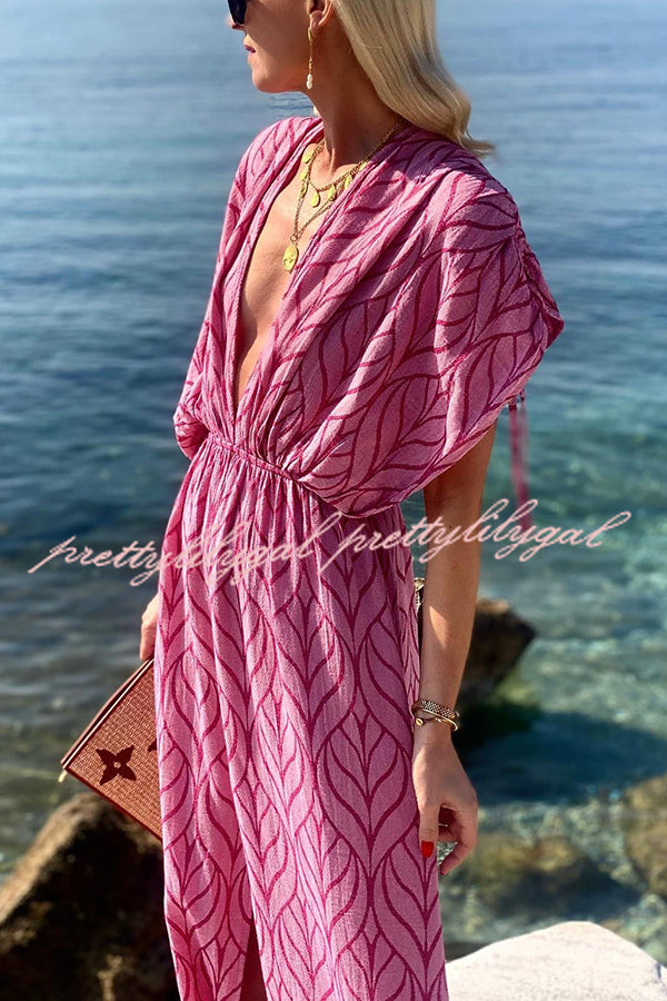 Shells By The Coast Printed Drawstring Design Kimono Beach Maxi Dress