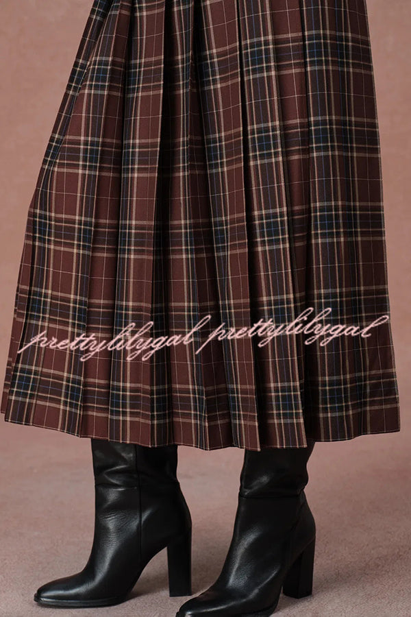Yehudit Plaid Belt Buckle Design High Rise Pocket Midi Umbrella Skirt