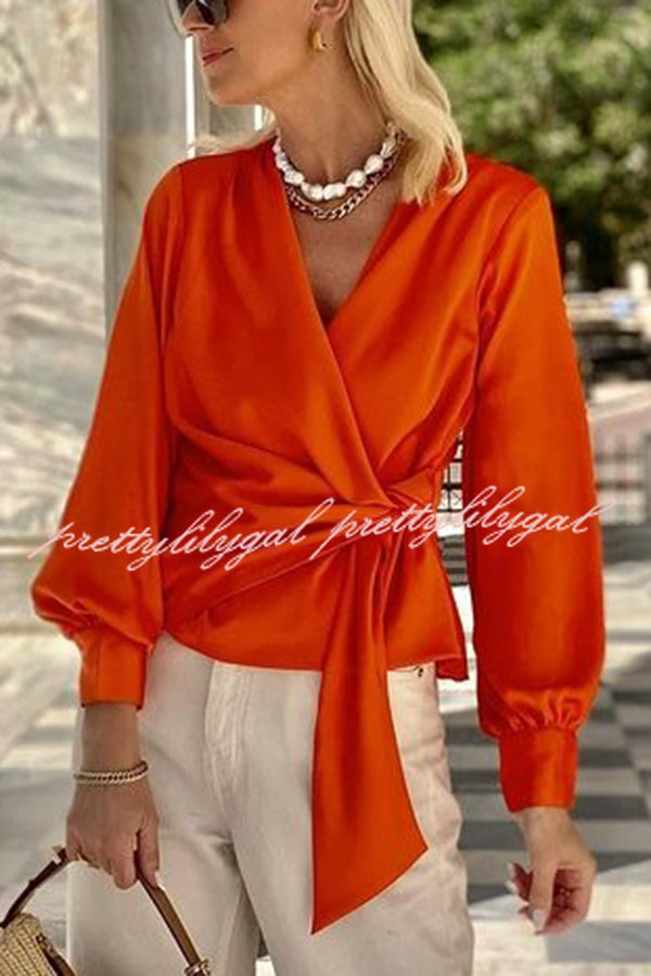 Satin Solid Color V-neck Tie Up Long Sleeve Loose Shirt