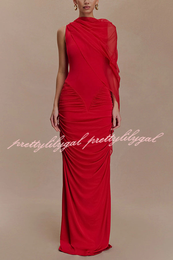 Fashionable Mesh Shawl Sleeveless Slim Fit Pleated Maxi Dress