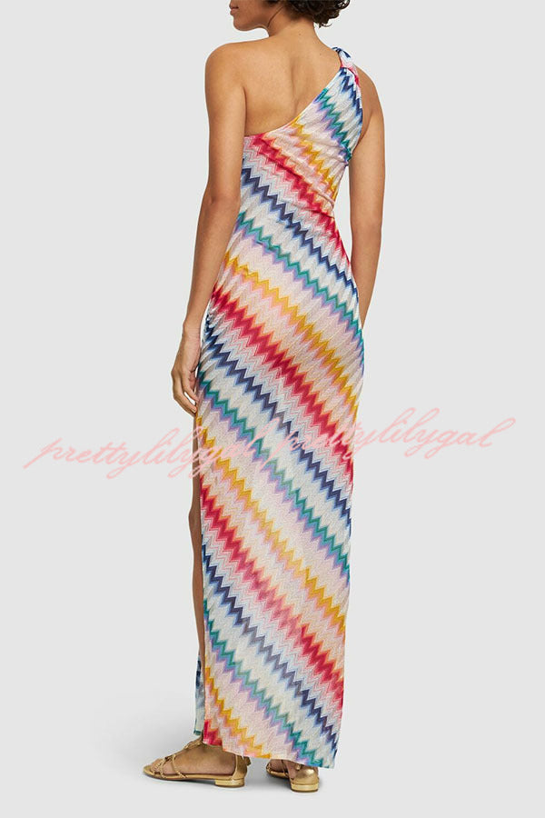 Vacay Charm Knit Colorful Zigzag Pattern One Shoulder Slit Maxi Dress