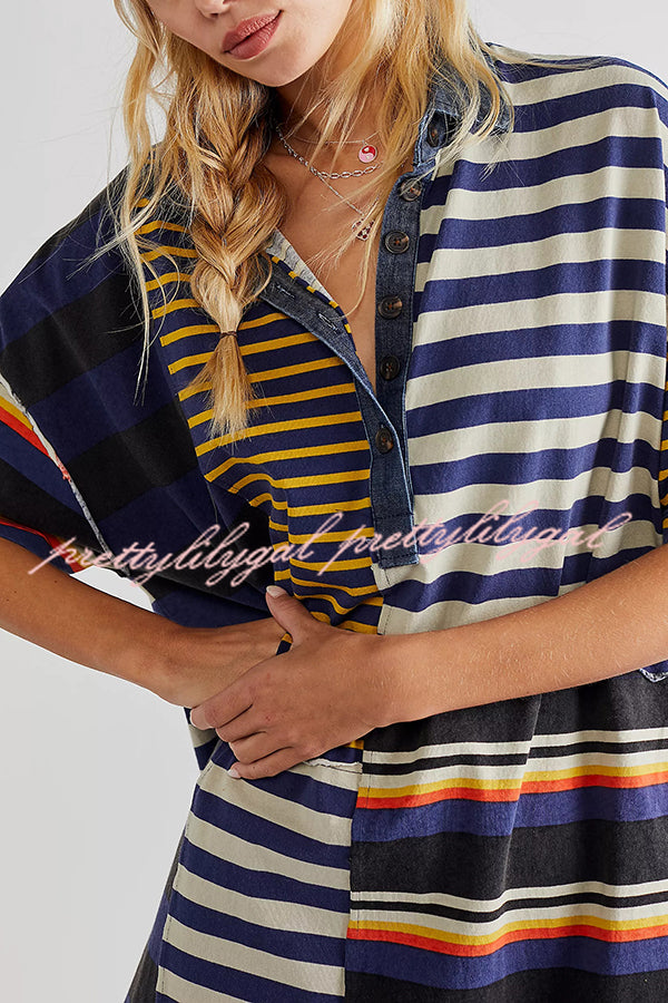 Contrast Striped Patchwork Denim Lapel Loose Casual Mini Dress