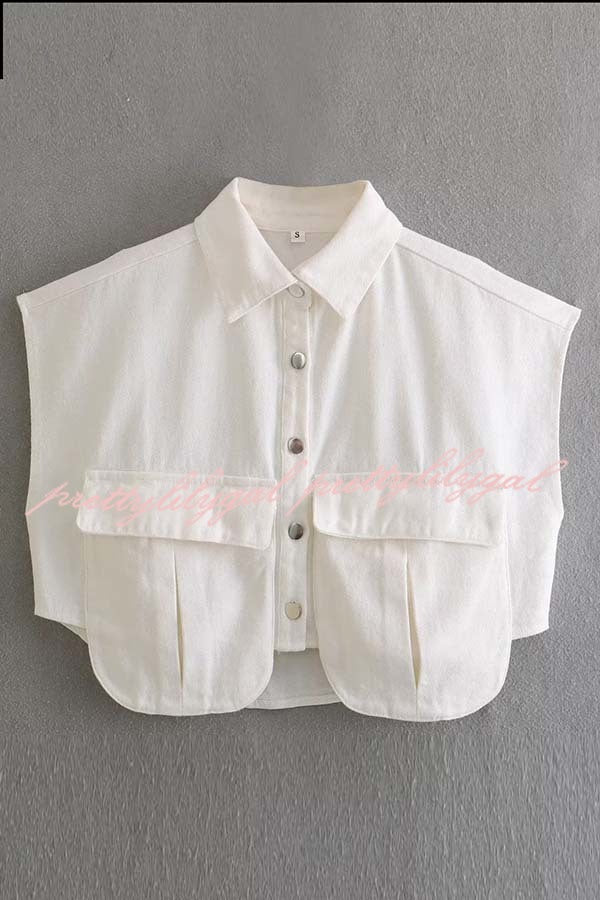 Stylish Weekend Denim Button Up Cape Sleeve Pocket Crop Top