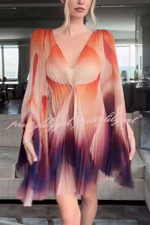 Like A Butterfly Pleated Unique Print Slit Bell Sleeve A-line Mini Dress