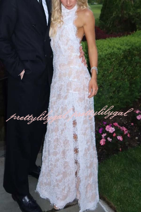 Cheongsam Style Lace Mandarin Halter Neck Backless Slit Maxi Dress