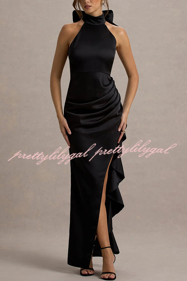 Maureen Satin High Neck Ruched Ruffle Slit Draped Maxi Dress
