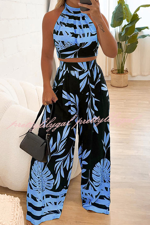 Botanical Print Halterneck Crop Top and Casual High-waist Wide-leg Pants Set