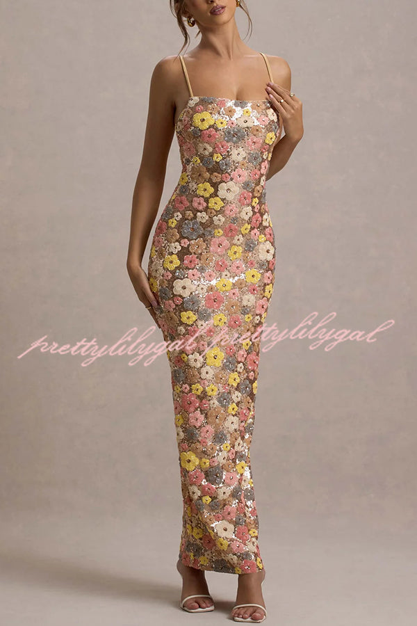 80's Inspired Floral Print Sequin Square Neck Slip Stretch Maxi Dress