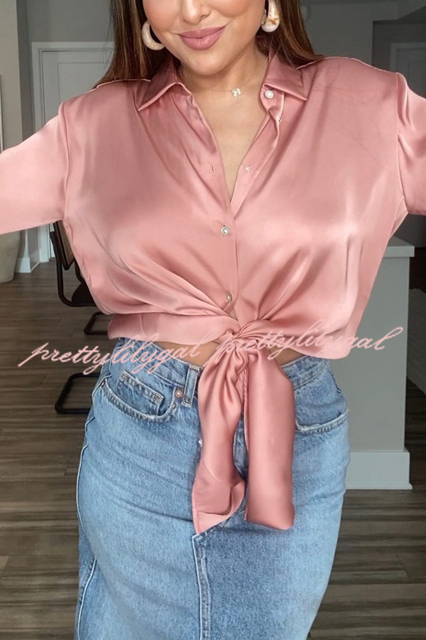 Switch Styles At Will Satin Botton Up Long Sleeve Relaxed Blouse