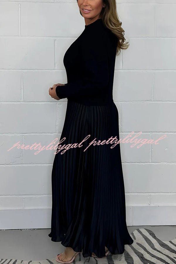 Stylish Knitted Round Neck Long Sleeve Patchwork Pleated Hem Maxi Dress