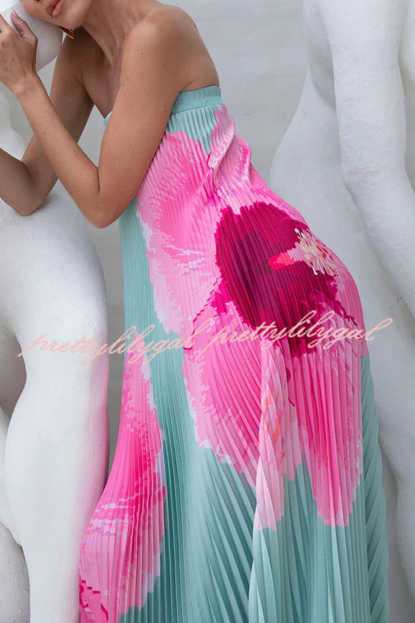 All about Her Pleated Floral Print Off Shoulder A-line Maxi Dress