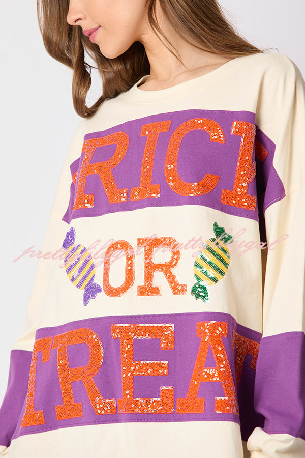 Halloween Letter Sequined Color Block Loose Casual Sweatshirt