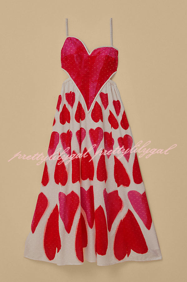 Full of Love Heart Shape Print Cutout Spaghetti Strap Backless Maxi Dress