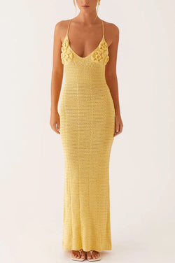 Olivia Crochet Knit Rose Texture Backless Stretch Maxi Dress