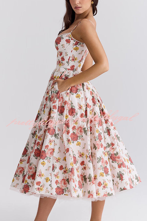 Fairy Tale Gorgeous Italian Rose Print Tulle Pocketed Slip Midi Dress