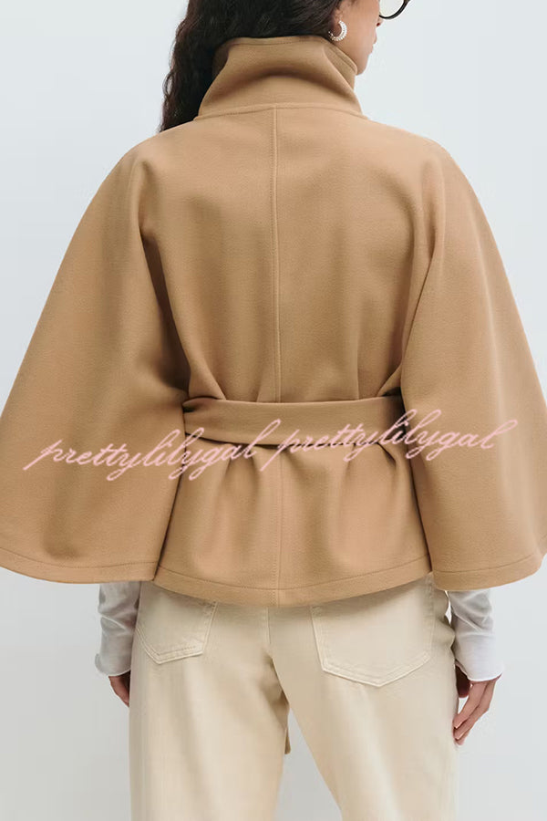 Fashionable Stand Collar Button Waist Tie Loose Cape