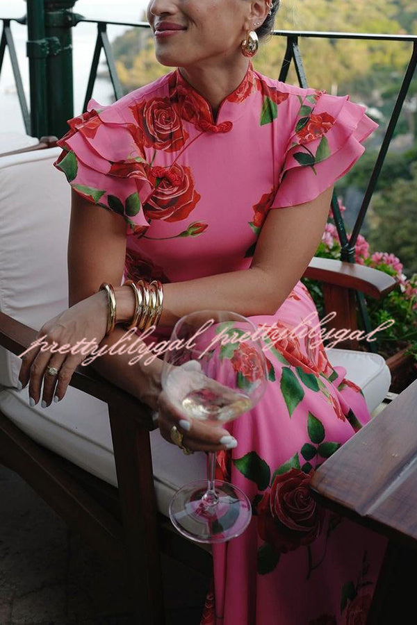 Cheongsam Style Rose Floral Print Tiered Flare Sleeve Stretch Maxi Dress