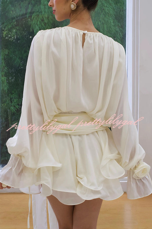 Solid Color Long Sleeve V-Neck Lace-Up Elegant Flower Decorated Mini Dress