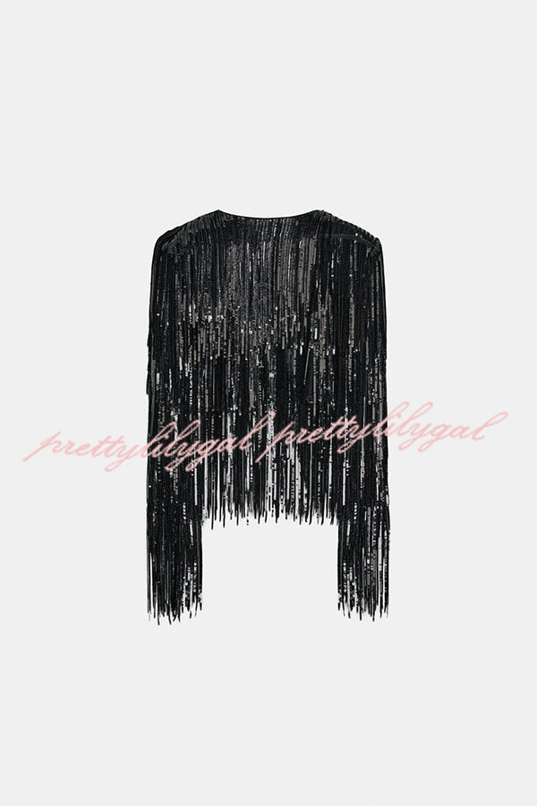 Party Crasher Layered Sequined Tassels Long Sleeve Loose Jacket