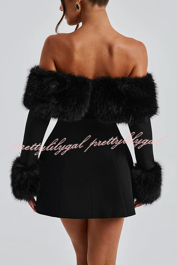 Cute and Luxe Faux Fur Trim Off Shoulder Bubble Shaped Mini Dress