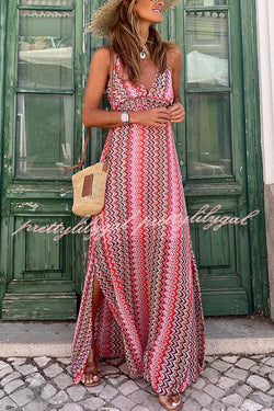 Bohemian Print V-neck Open Back Slit Maxi Dress