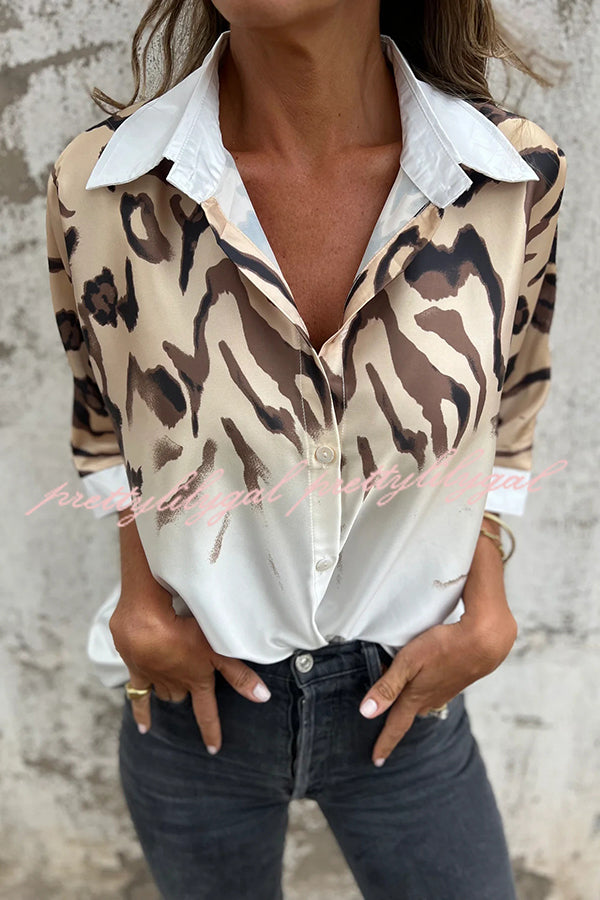 Classic Wild Satin Gradient Leopard Print Loose Short-sleeved Blouse