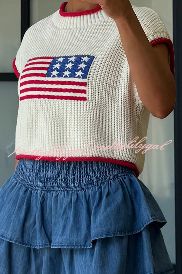 Independence Day Casual Crew Neck Short Sleeve Knit Sweater