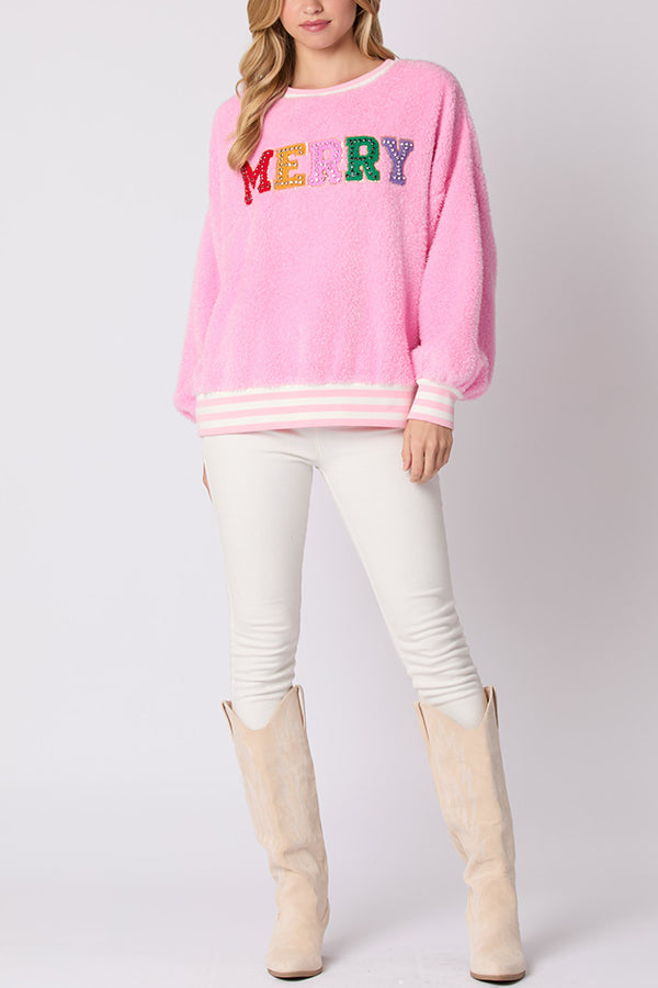 Christmas Lettered Rhinestone Long-sleeved Crew Neck Sweatshirt