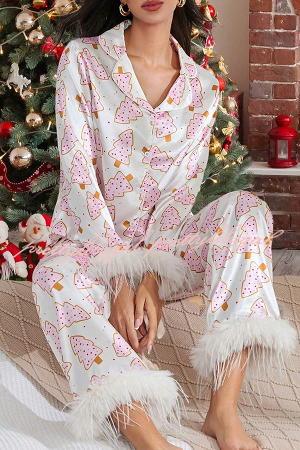 Christmas Print Feather Trim Elastic Waist Pocket Pajama Set