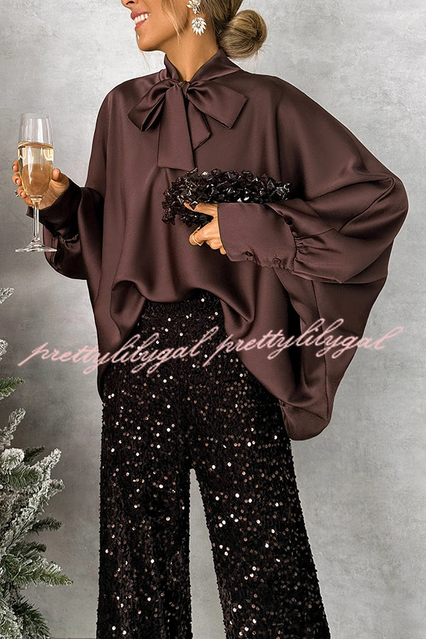 Chic and Merry Satin Bow Neck Batwing Sleeve Loose-fitting Blouse