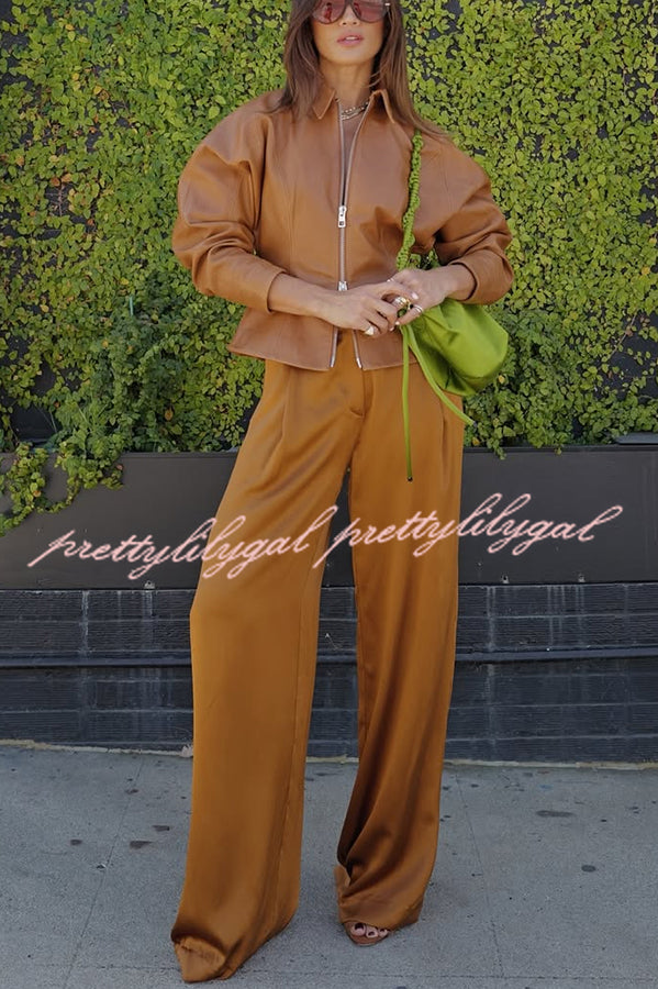 Pop of Brown Faux Leather Double Zipper Detail Balloon Sleeve Lapel Jacket