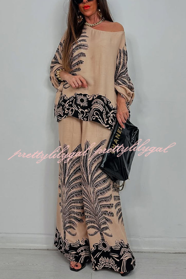 Unique Print Loose Drawstring Long Sleeve Top and Elastic Waist Casual Pocket Wide Leg Pants Set