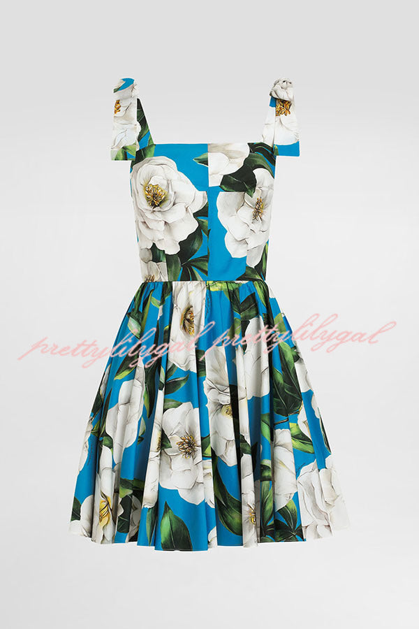 Fresh and Romantic Floral Print Square Neck Knotted Straps Mini Dress
