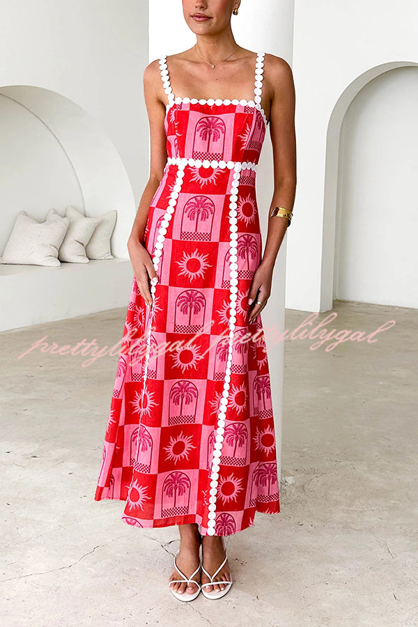 Holiday Style Unique Print Sexy Sling Open Back Lace Up Maxi Dress