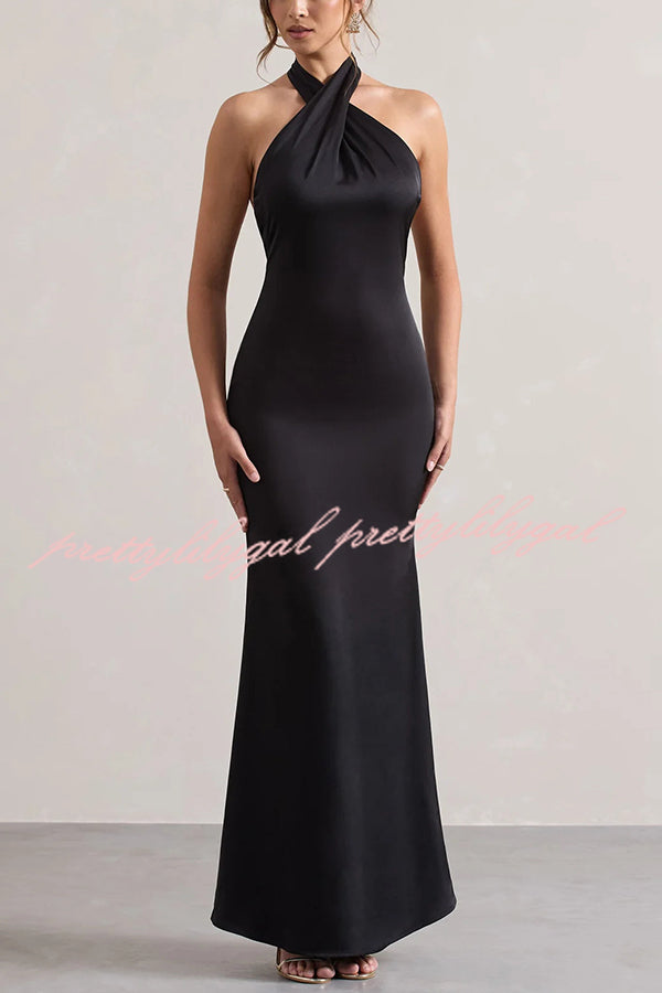Solid Color Halter Neck Tie Sexy Backless Slim Maxi Dress