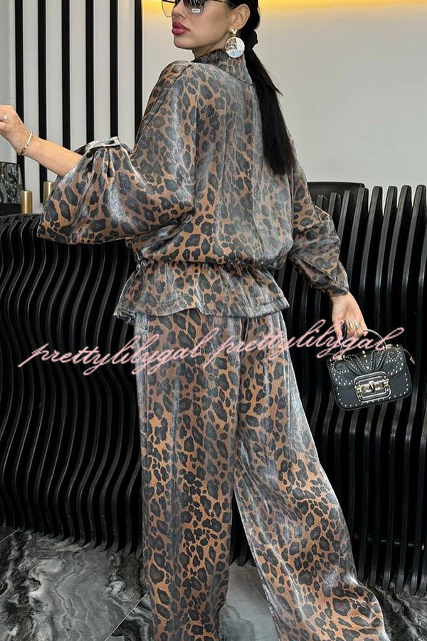 Leopard Print Drawstring Waist Zipper Jacket and Elastic Waist Pocket Loose Pants Set