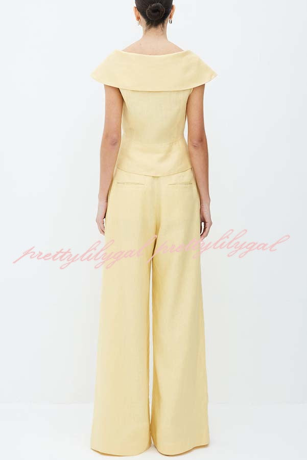 Velena Linen Blend Button Up Lapel Top and High Rise Pocket Wide Leg Pants Set