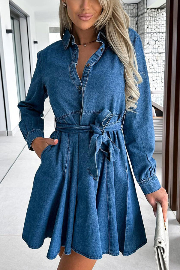 Stylish Long Sleeve Pocket Waist Belted Denim Mini Dress