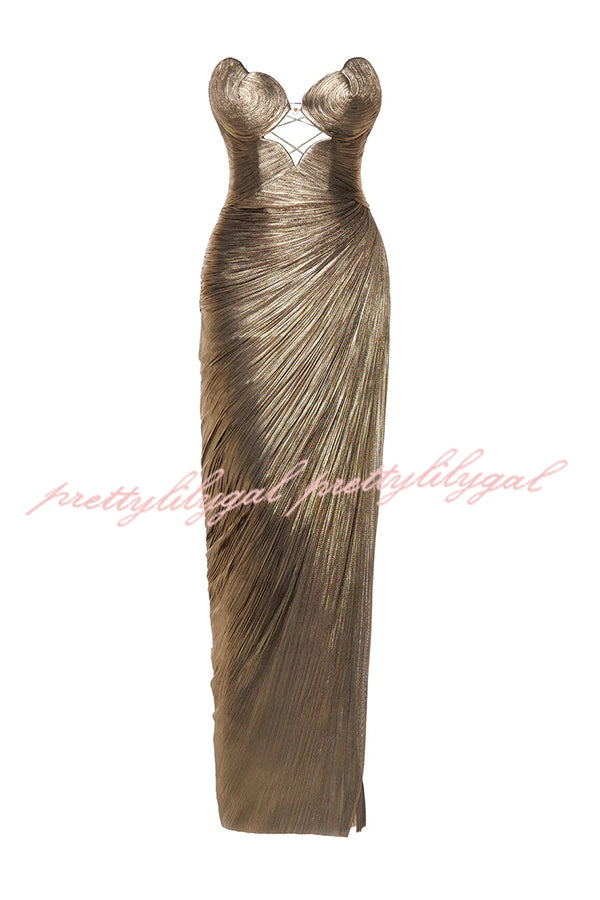 Amisha Metallic Pleated Shell Cups Hollow Gold Pendant Strapless Drape Slit Maxi Dress