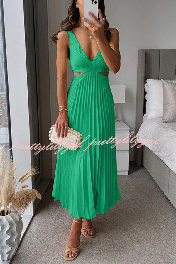 Summer Social Stain Pleated Cutout Waist Loose Midi Dress