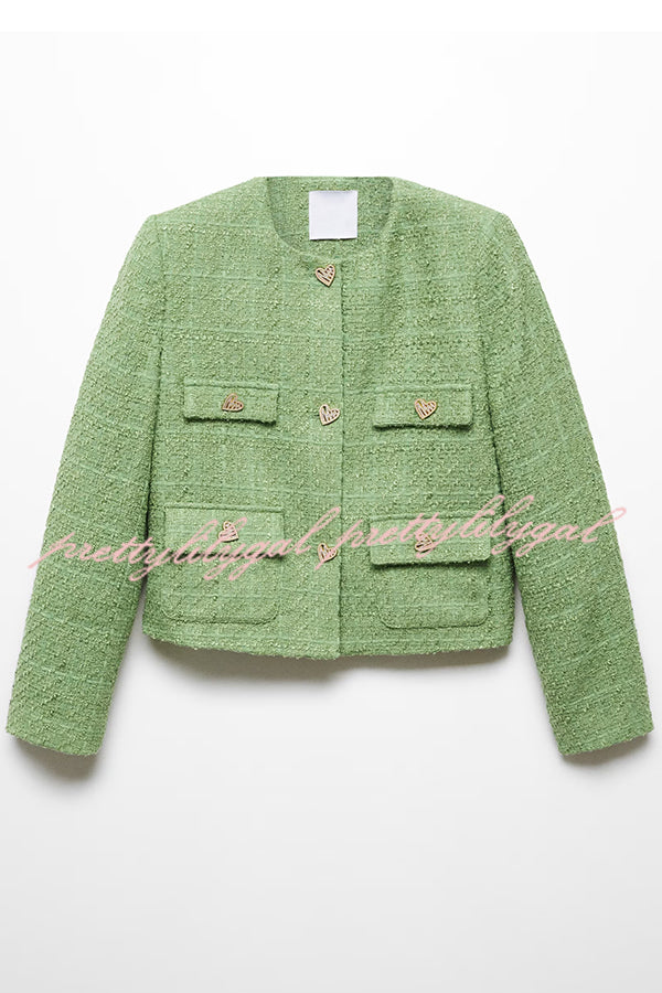 Stylish Tweed Love Button Long Sleeve Casual Pocket Jacket