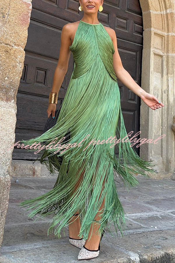 Fashion Sleeveless Halter Neck Elegant Tassel Slim Maxi Dress